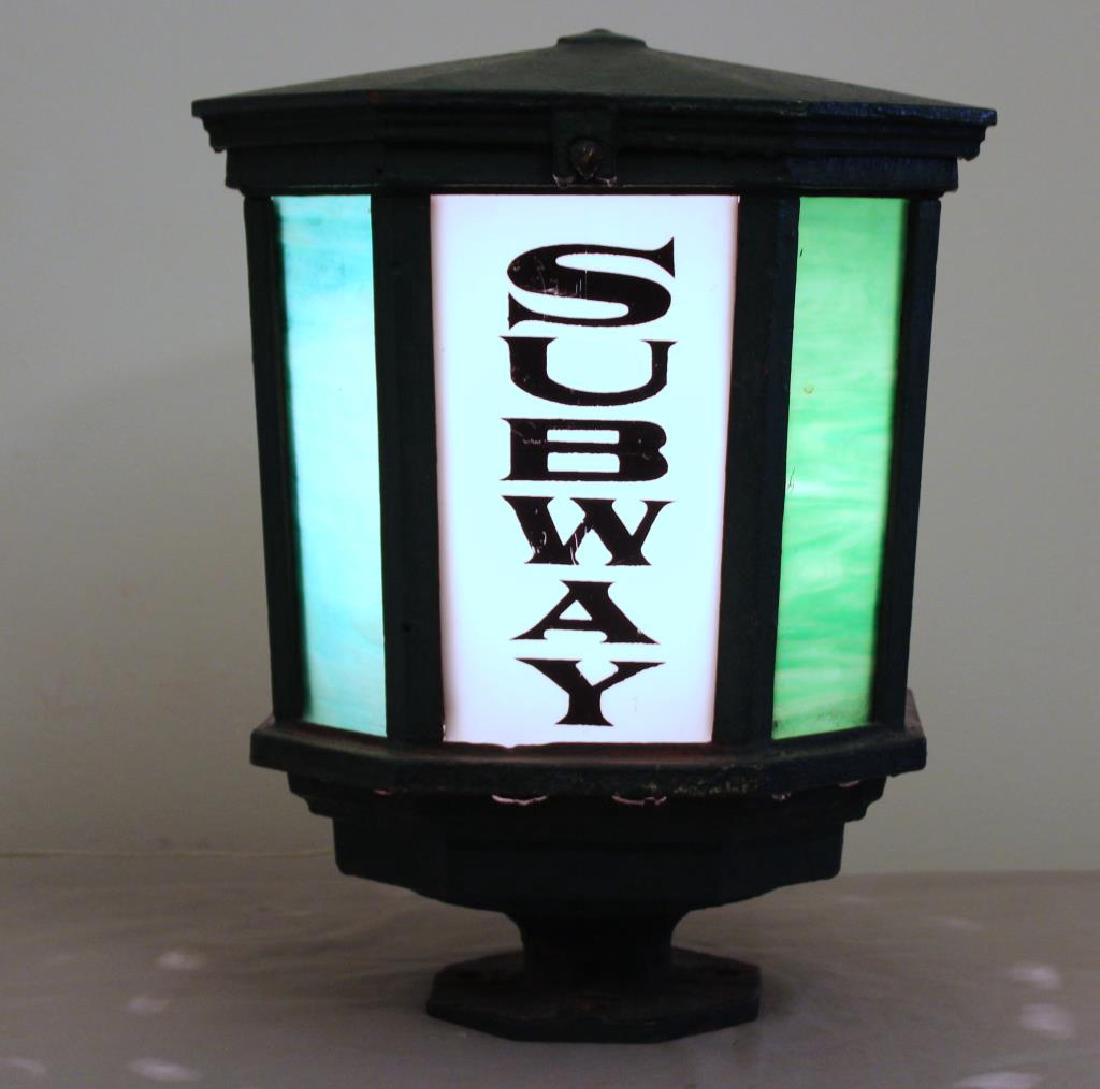 Antique Patinated Metal Slag Glass Subway Sign. (1 of 4)