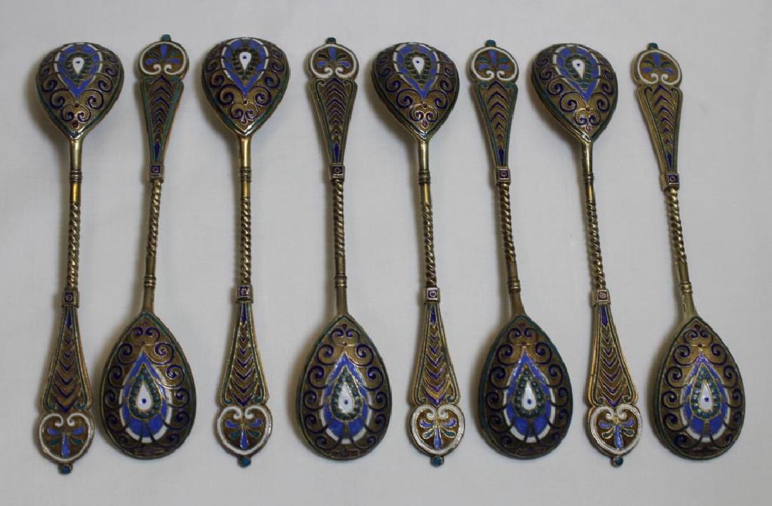 SILVER. Grouping of 8 Russian Enamel Spoons. (1 of 8)