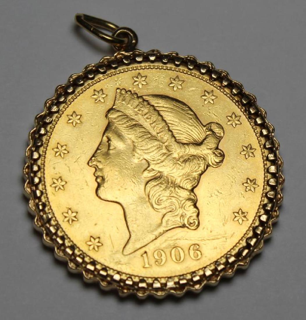 GOLD. 1906 $20 Gold Coin Mounted as Pendant. (1 of 2)