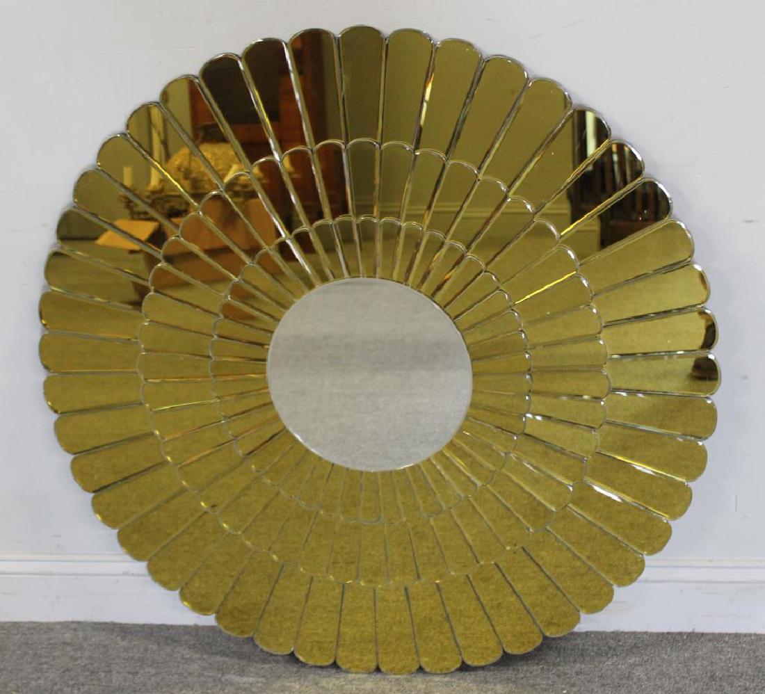 Decorator Colored Sunburst Style Mirror.: Gold / yellow tinted mirror with clear mirror center. Unmarked. From a New Jersey estate. Dimensions: 39.5" diameter.