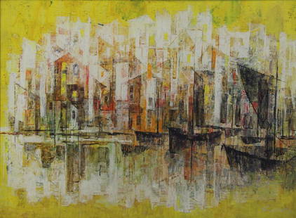 LEWEN, Si. Oil on Canvas. Modernist Harbor Scene.: Signed lower right. Si Lewen (Polish, b.1918, active in New York). From a Valhalla, NY estate. - Dimensions: 22" high x 30" wide.