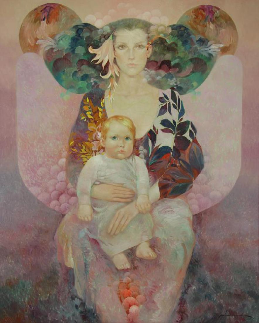 MAS, Felix. Oil on Canvas. "Maternidad".: Signed lower right further signed, titled and inscribed verso. F?lix Mas (Spanish, b. 1935). From a Manhasset, NY home. - Dimensions: 50" high x 40" wide.