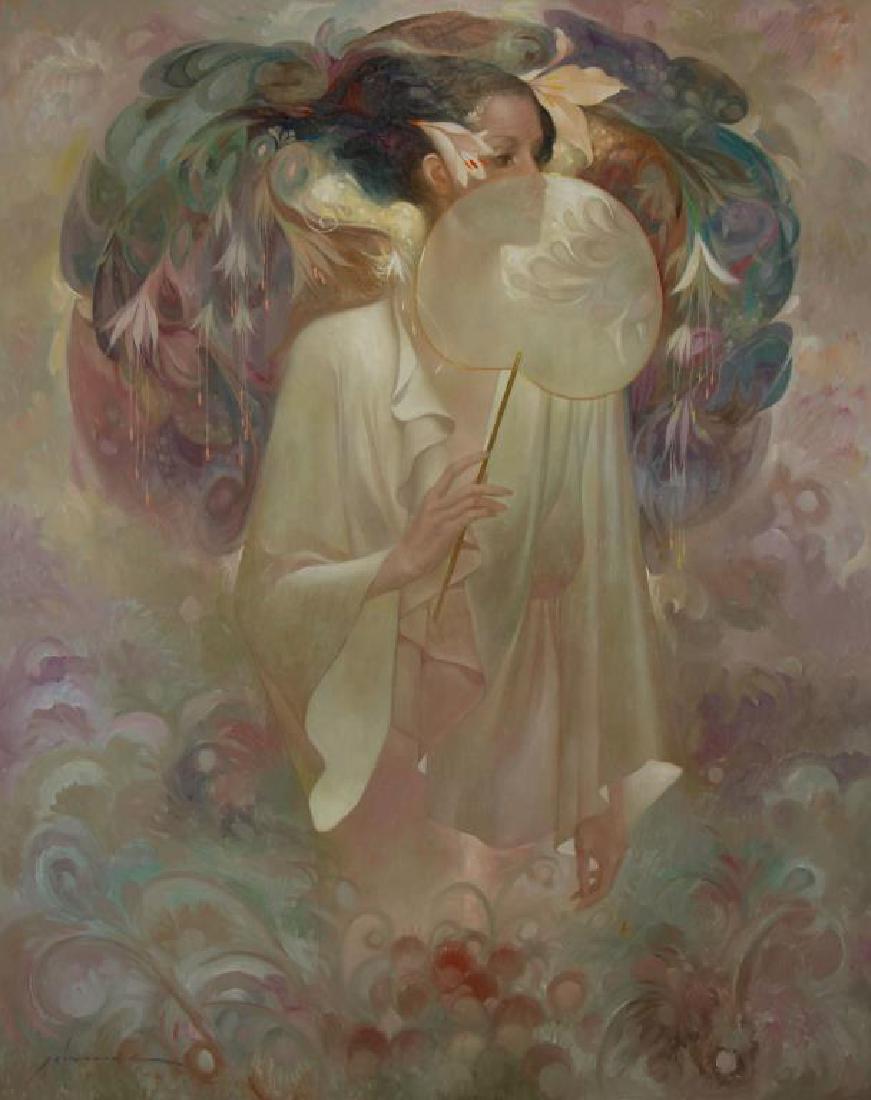 MAS, Felix. Oil on Canvas. "Eugenia": Signed lower ___, further signed, titled and inscribed verso. F?lix Mas (Spanish, b. 1935). From a Manhasset, NY home. - Dimensions: 50" high x 40" wide.