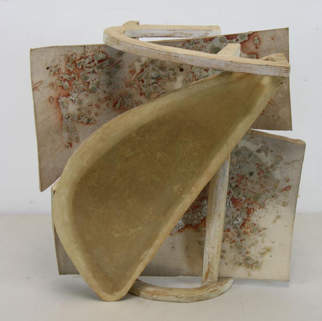 MICHAEL, Creighton. Abstract Sculpture.: Wood, ceramic and vellum. Not visibly signed. Creighton Michael (American, b.1949). From a White Plains, NY home. - Dimensions: 19" high x 17.5" wide x 6" deep.