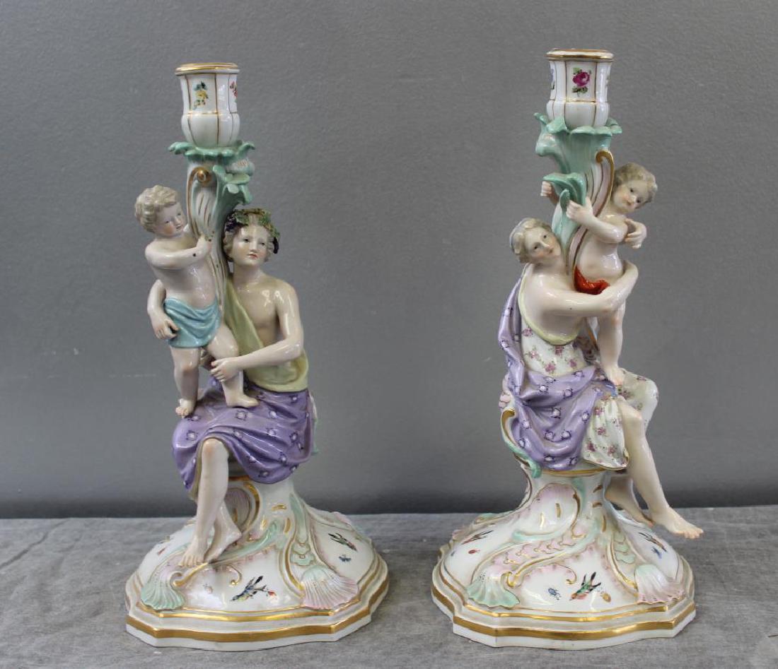 MEISSEN. Pair of Signed Porcelain Candlesticks. (1 of 9)