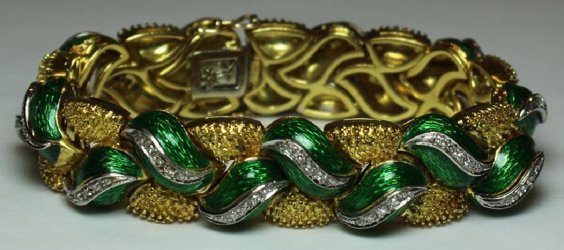 JEWELRY. 14kt Gold, Enamel, and Diamond Bracelet. (1 of 7)