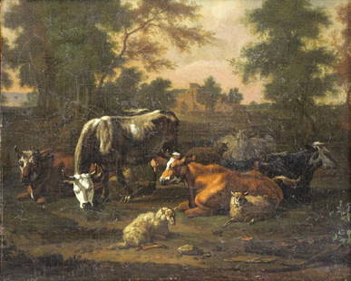 VAN DE VELDE, Adriaen. Cows and Sheep in: Landscape. Oil on Canvas Laid on Panel. Not visibly signed; nameplate on frame. With old catalog listing on verso. Adriaen Van de Velde (Dutch, 1636-1672). From a Westchester, NY collection. - Dimensi