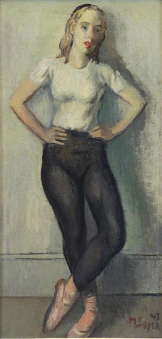 SOYER, Moses. Oil on Canvas. Dancer, 1942.: Signed and dated lower right. Moses Soyer (American, 1899-1974). From a Lexington Ave, New York, NY estate. - Dimensions: 20" high x 10.25" wide.