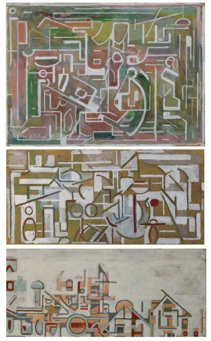 GOLUBOV, Maurice. Three (3) Gouaches on Paper.: 1) Signed lower left and dated 83 lower right, 5" high x 7" wide. 2) Signed and dated 83 lower right, 3.5" high x 7.5" wide. 3) Signed lower right below image on paper mount, 3.25" high x 7.25" wide. 