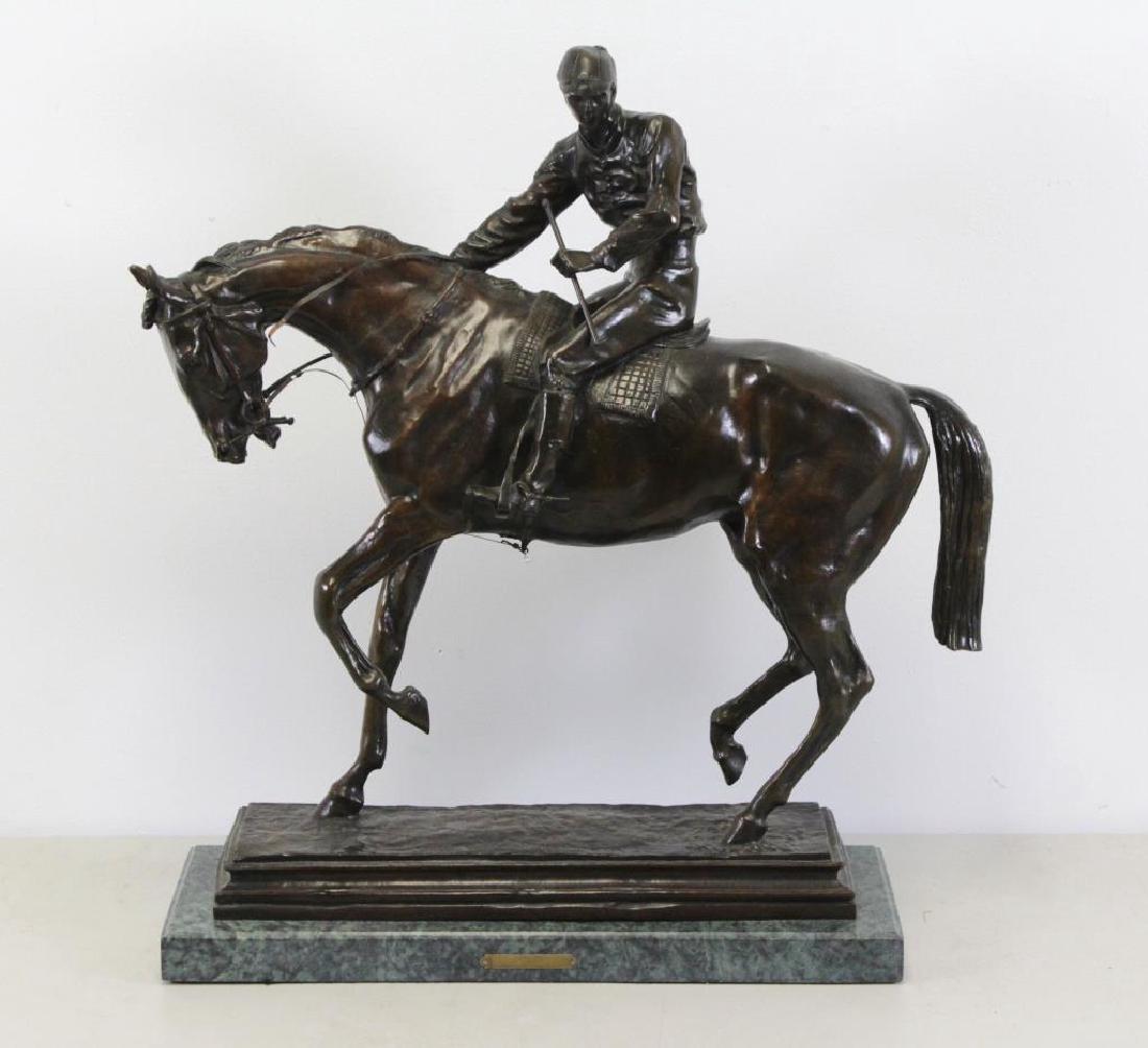 BONHEUR, Isidore-Jules. Bronze. "Le Grand Jockey": Bronze with brown patina raised on a green marble base. Signed 'I. Bohneur' and stamped 1855 on bronze base. Isidore-Jules Bonheur (French, 1827-1901). From the Madison Ave, New York estate of an art