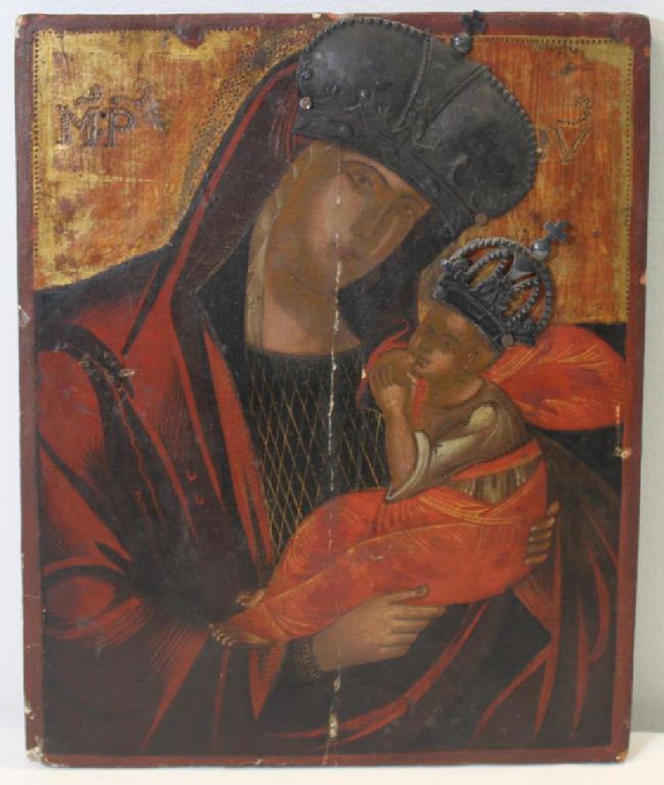 Antique/Vintage Russian Icon of Madonna and Child.: Russian icon depicting Madonna and Child with "MP" in upper left corner representing "Mother of God". Both mother and child with most probably silver crowns. From a Larchmont, NY estate. Dimensions: 1