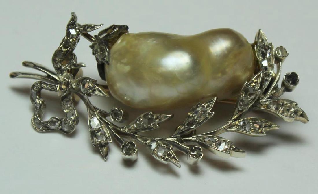 JEWELRY. Antique Baroque Pearl and Diamond Brooch.: Large baroque pearl with silver-topped gold foliate and bow decoration inlaid with rose cut diamonds of various shapes and sizes. Total approx. weight of brooch is 6.7 dwt. From a New Rochelle, NY est