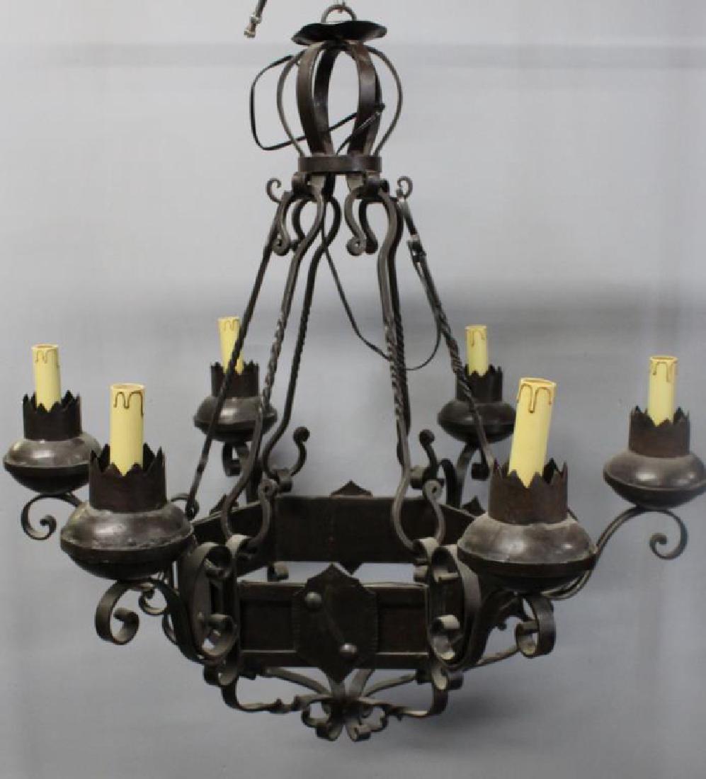 Tudor Style patinated Iron 5 Light Chandelier: From a Stamford, CT estate. - Dimensions: 36" h x 36" w.