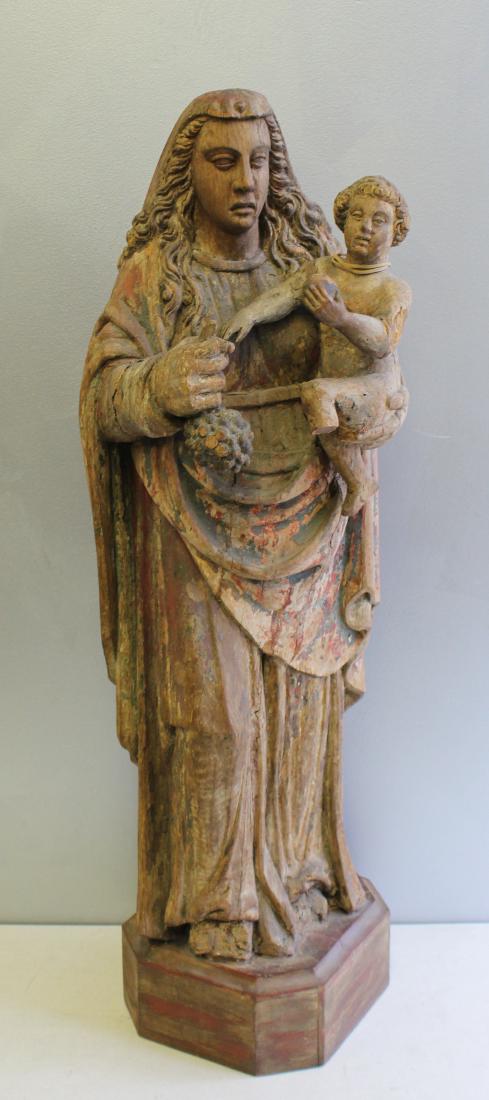 Antique Carved Wood Madonna and Child.: Nicely executed, good age and some original paint remnants. From an Ossining, NY estate. - Dimensions: approx 36" h.