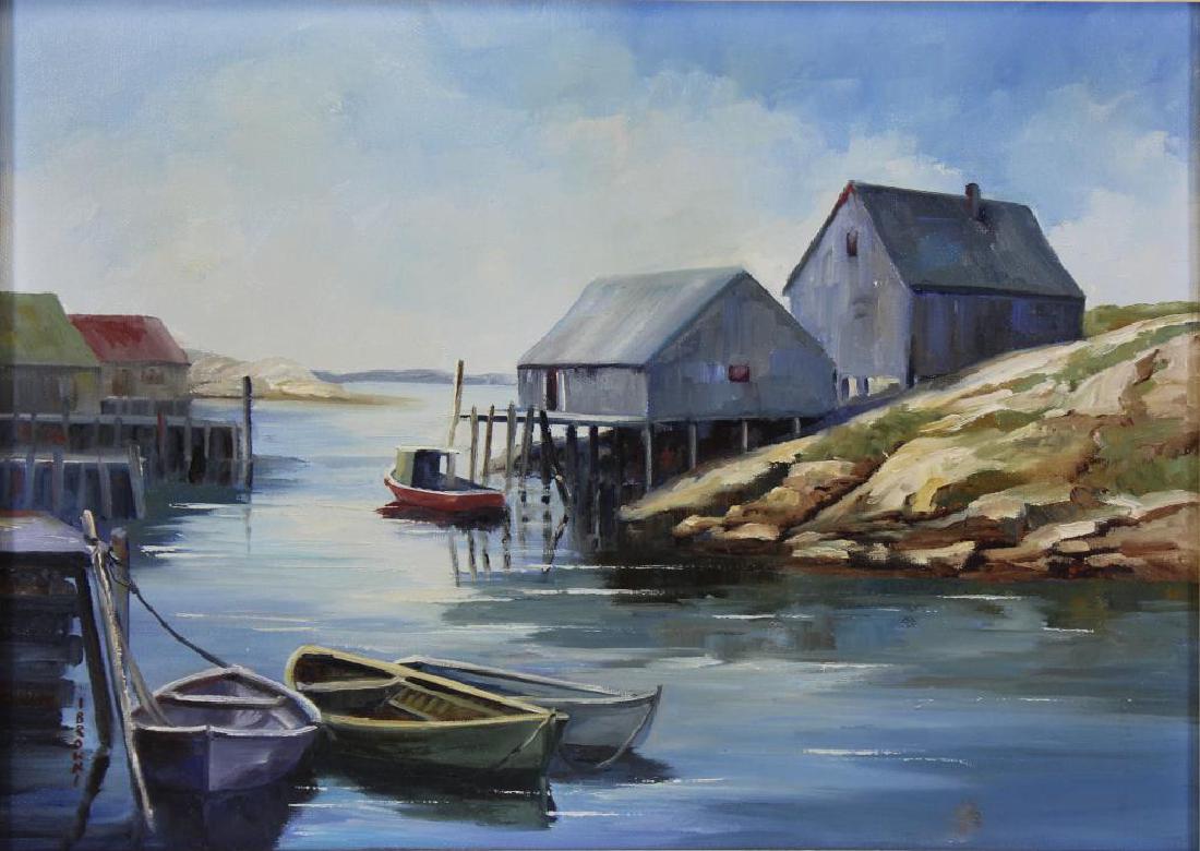 BROWN, Joan Robertson. Oil on Canvas.: "Peggy's Cove, N.S." 1986. Signed, lower left. Signed, titled, and dated, verso. From a Larchmont, NY storage. - Dimensions: 12" high x 16" wide