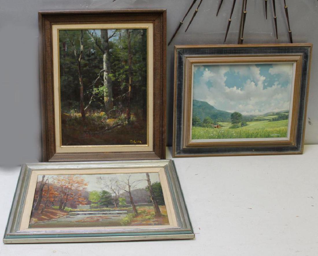 LOT OF 3 Oil On Board.: To Include: Gerald B. Hubich, "Summer Afternoon", signed lower right, signed and titled verso, 11" high x 14" wide; John Dahl, "Cranford Park", signed lower right, signed and titled verso, 12" high x 
