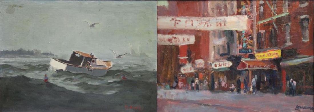 LOT of 2 Oil on Board.: To Include: Bernard Lennon, Chinatown, signed lower right, 12" high x 16" wide; John Dahl, "Lobster Fog", signed lower right, signed and titled verso, 12" high x 16" wide