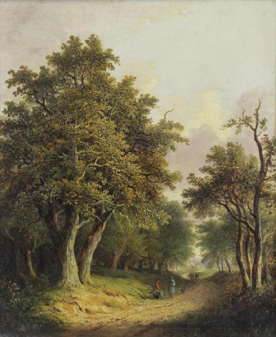 STARK, James. Oil on Canvas. "Woods Near Norwich".: Possibly signed lower right. Plaque on frame. James Stark (British, 1794-1859). From a Hastings on Hudson, NY home. - Dimensions: 14" high x 11.25" wide.