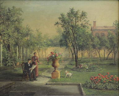 LINTON CHAPMAN, John. Oil on Canvas, Garden Scene.: Signed 'J. Linton Chapman / Albany Aug 1898' lower left. John Linton Chapman (American, 1839-1905). From a European collection. - Dimensions: 12" high x 15.25" wide.