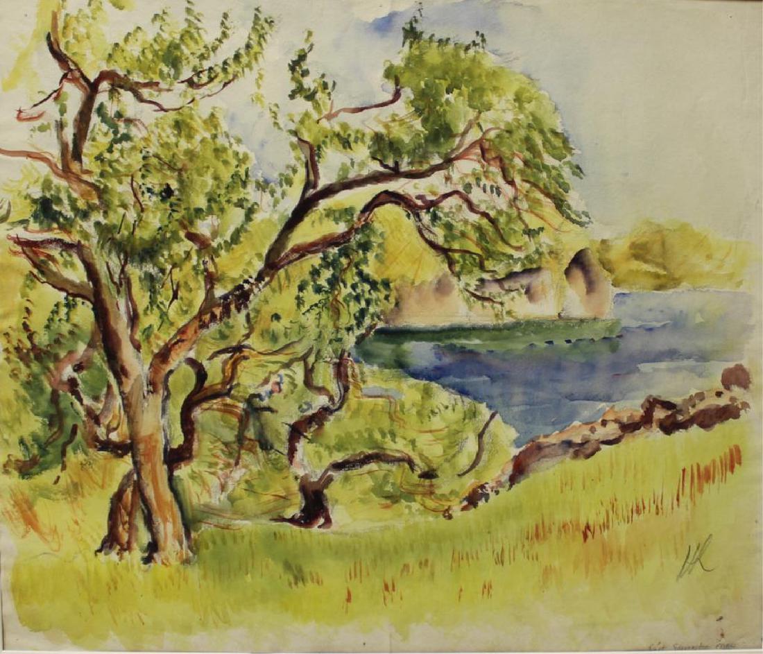 LEVER, Hayley. Watercolor on Paper. "East: Gloucester, MA". Initialed and titled lower right. Hayley Lever (American, 1876 - 1958). From a Park Ave, New York, NY home. Dimensions: 19.5" high x 16" wide.