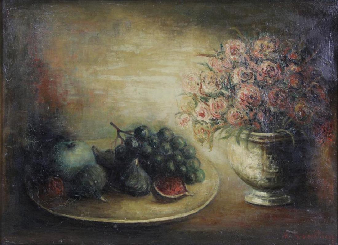 STERLING, Marc. Oil on Canvas. Still Life with: Fruit and Flowers. Signed lower right. Marc (Marcel) Sterling (French/Ukrainian, 1895-1976). From a White Plains, NY home. - Dimensions: 13" high x 18" wide.