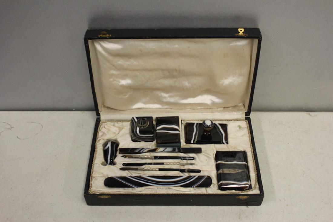 An Antique Banded Agate Desk Set In Case (1 of 3)