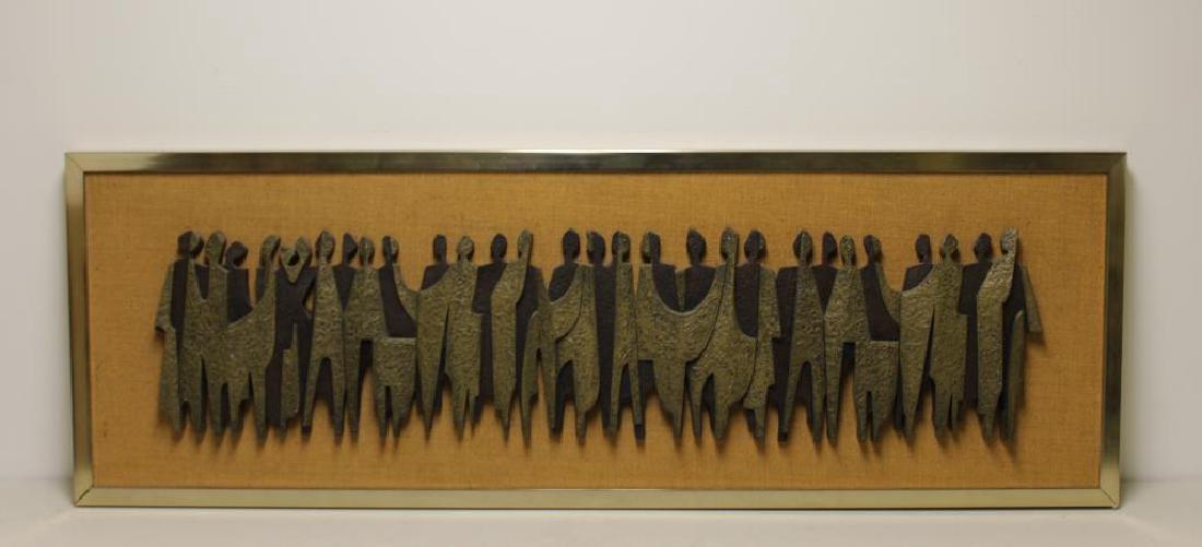Giovanni Schoeman,Signed & Dated Patinated Metal: Figural Framed Relief. From a Roslyn L.I. estate. Dimensions: 54" w x 18.5" h.