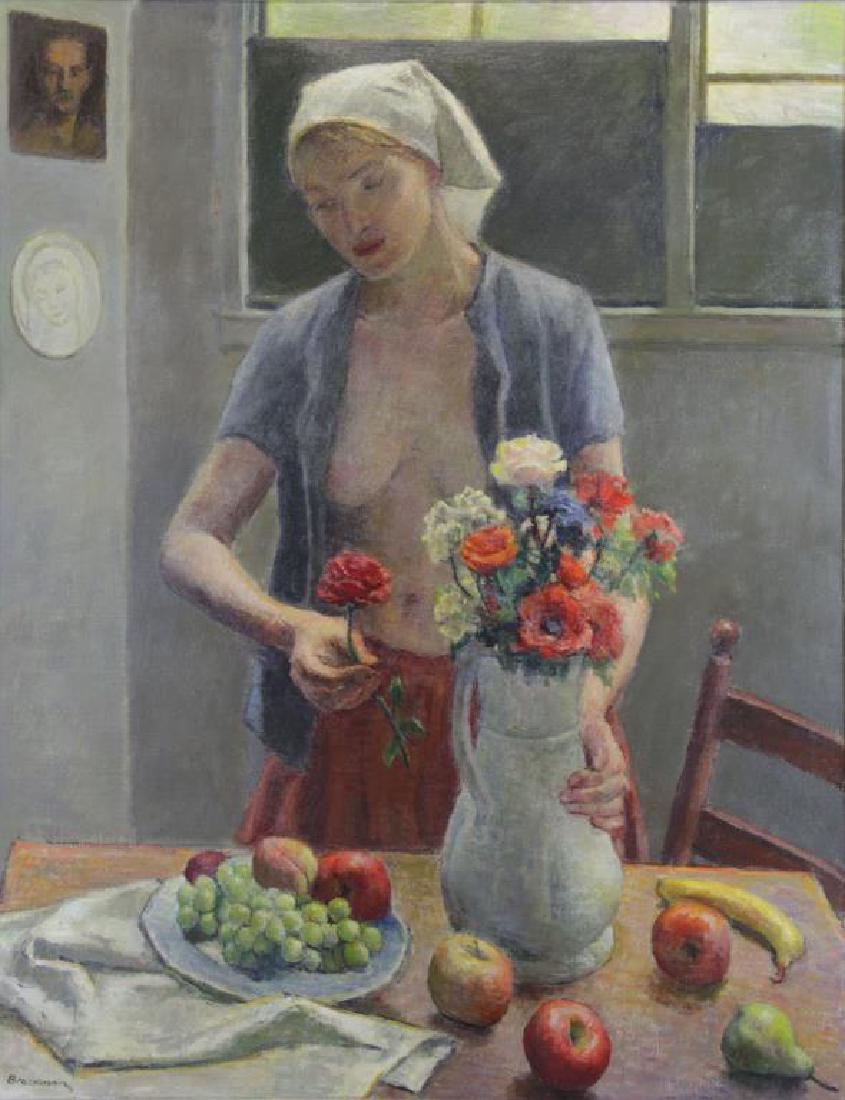 BRACKMAN, Robert. Oil on Canvas "Life and Still: Life in Shadows". Signed lower left, further signed titled and inscribed 'Rober Brackman / Norwalk Conn' verso. Robert Brackman (American, 1898 - 1980). - Dimensions: 36" high x 28" wide.