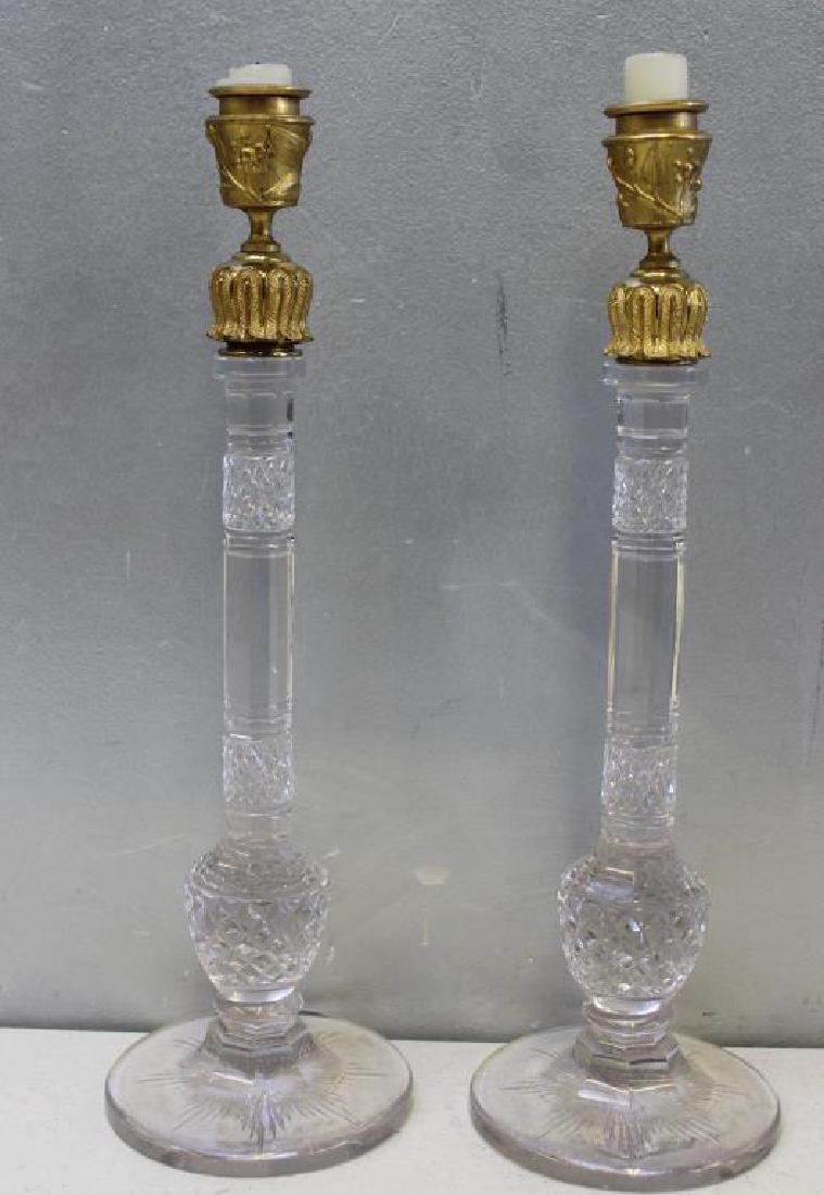 Pair of Cut Glass Candlesticks with Bronze Tops. (1 of 5)