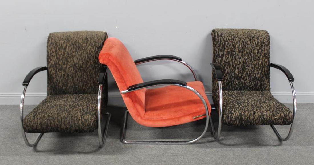 3 Art Deco Chrome and Upholstered Chairs.: From a Riverdale, NY estate. Dimensions: