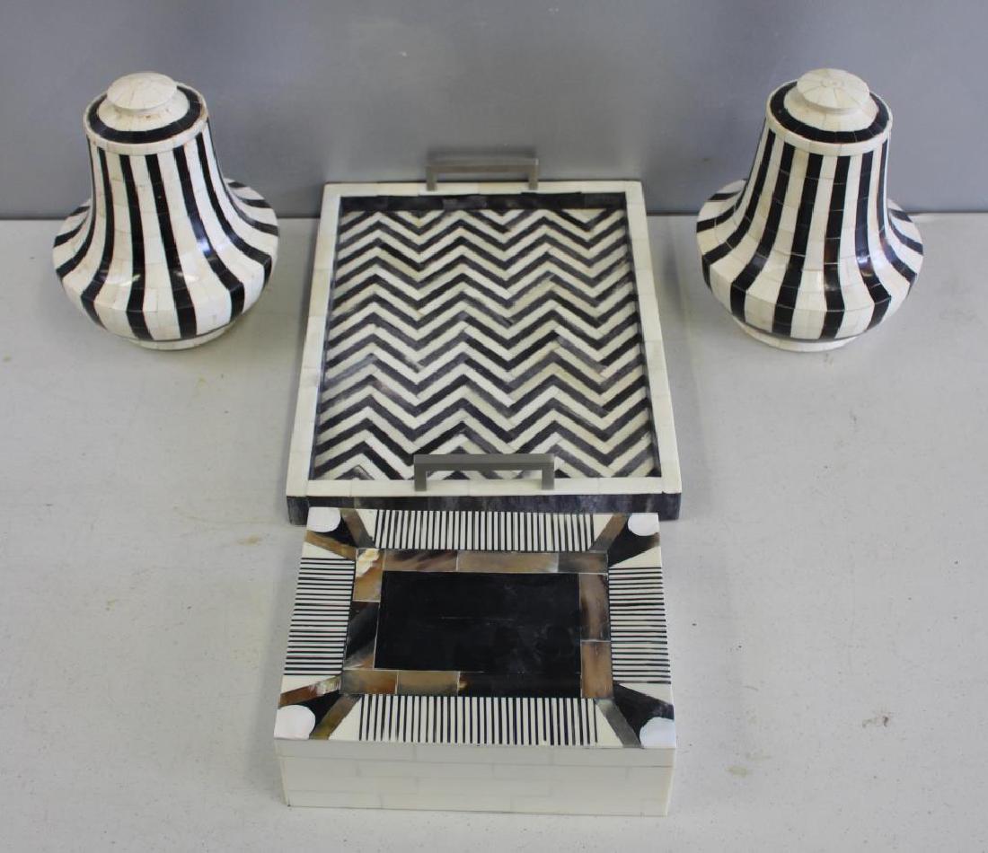 Lot Of Vintage Bone Inlaid Items .: A box 10" x 8" x 3"H . 2 lidded urns 9.75"H x 8"W and a tray 16" x 12" . From a Queens estate .