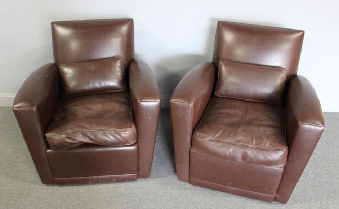 Pair Of Holly Hunt Leather Upholstered Swivel: Chairs . From a Scarsdale estate . - Dimensions: 34" W x 34" D x 34.5" H