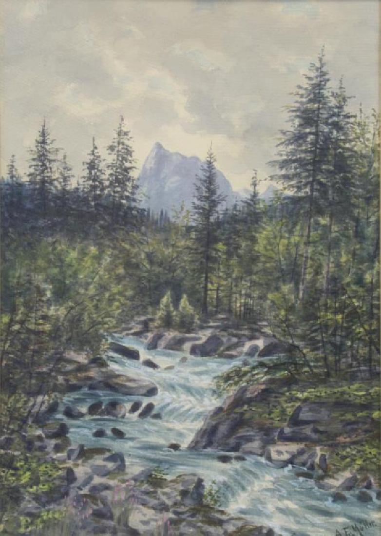 MULLER, A.F. Watercolor. "River Scene". (1 of 4)