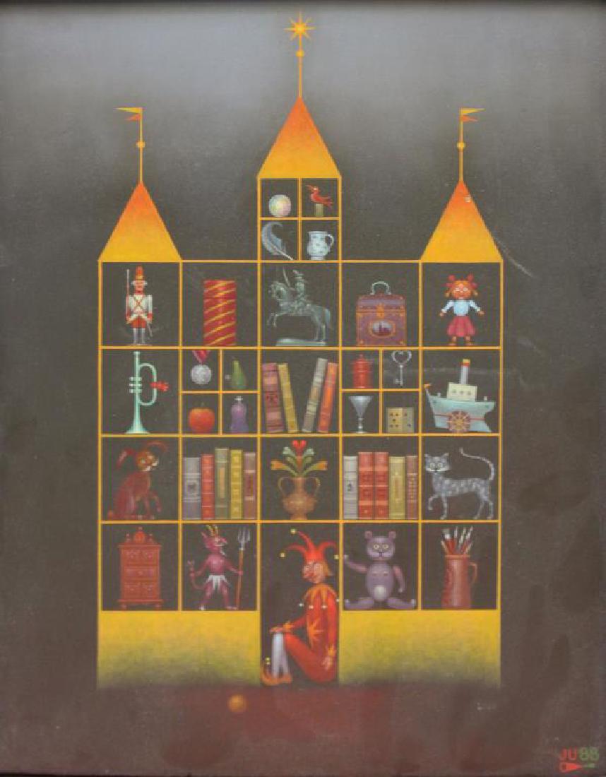 ULRICH, Jindra. Oil on Panel. Fantasy Toy Scene.: 1988. Initialed and dated lower right. Signed and dated verso. Jindra Ulrich (Czech, 20th Century). From a Larchmont, NY storage. - Dimensions: 7.25" high x 5.5" wide