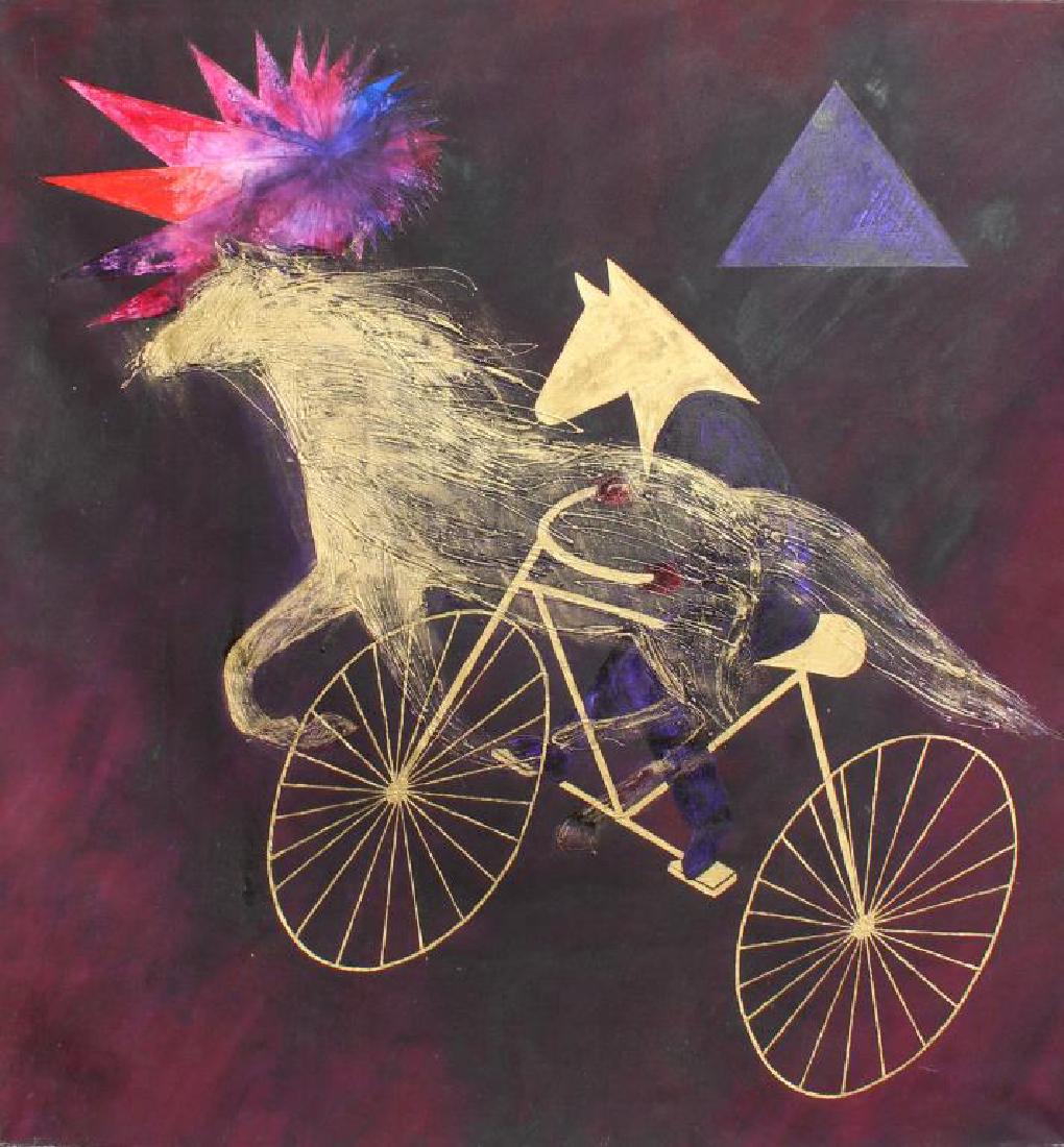 GIESSMAN, Nancy. Oil on Canvas. "Ride for: An Illusion". 1981. Signed and dated verso. Dimensions: 75" high x 69.5" wide.