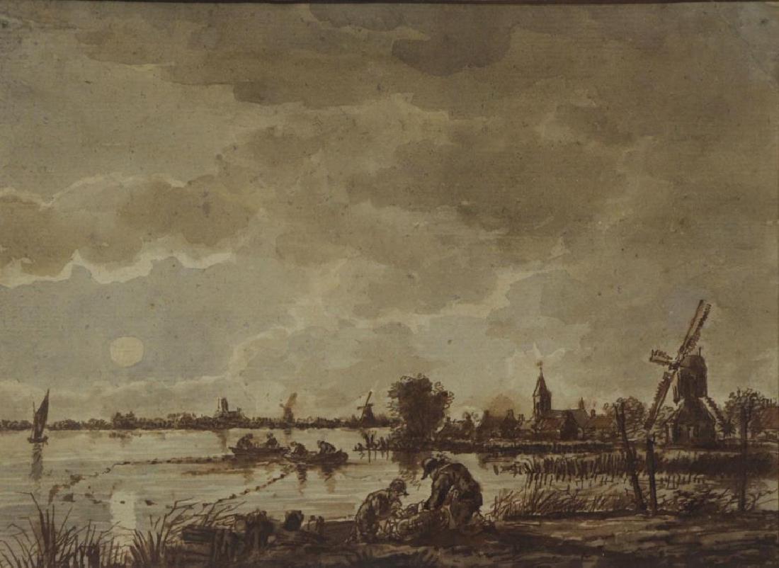 School of Aert van der Neer. Ink on Paper. Figures: at the Riverbank. Inscribed on frame verso: 'School of Aert van der Neer (1603-1677) / Parke Bernet 11/16/99', lot #57. From a Scarsdale, NY estate. - Dimensions: Sight - 6.25" high x 8.25" wide.