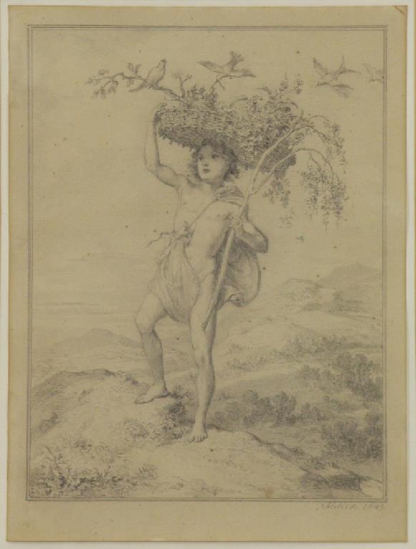 SCHLICK, Gustav. Pencil on Paper. Male Nude with: Birds Nest in Landscape. Signed and dated 1849 lower right. Gustav Schlick (1804-1869). From an East Islip, NY estate. - Dimensions: 10.5" high x 8" wide.