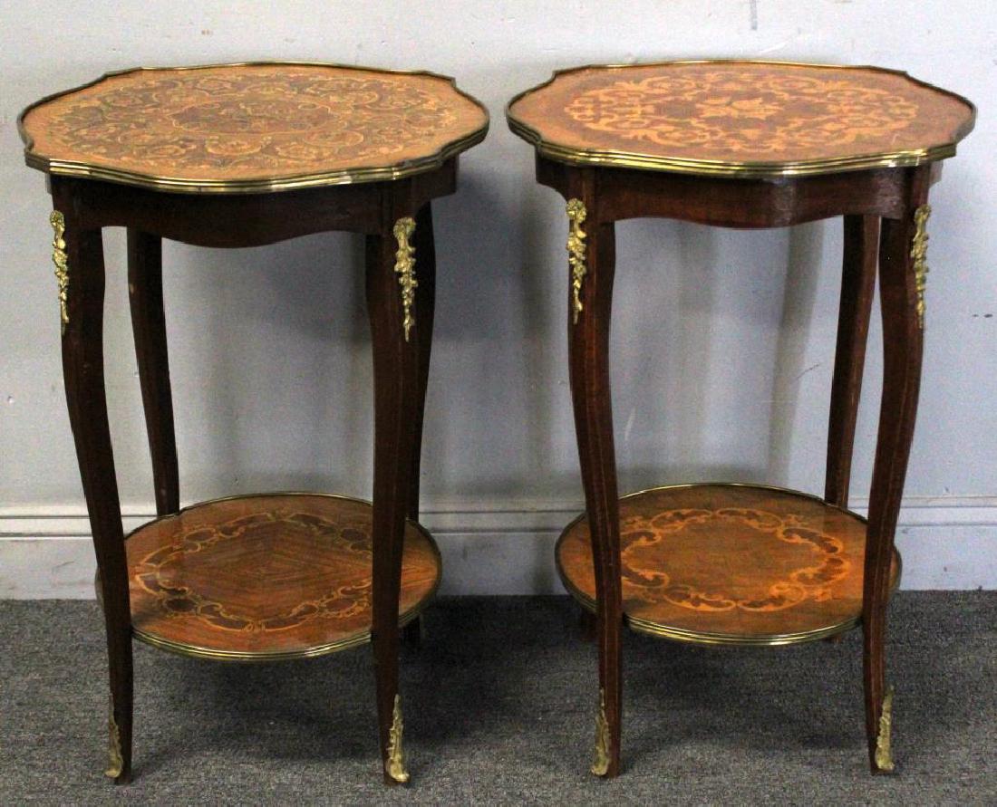 Pair of Bronze Mounted Marquetry Inlaid Tables.: From a Westchester, NY estate. - Dimensions: 28.5" high x 19" wide.