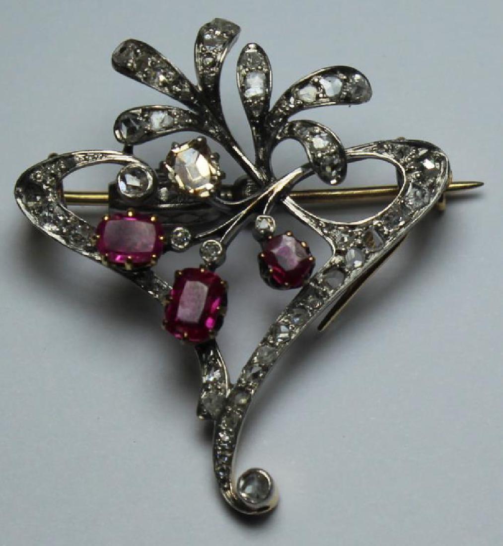 JEWELRY. Antique Diamond, Ruby, and Gold Brooch. (1 of 7)