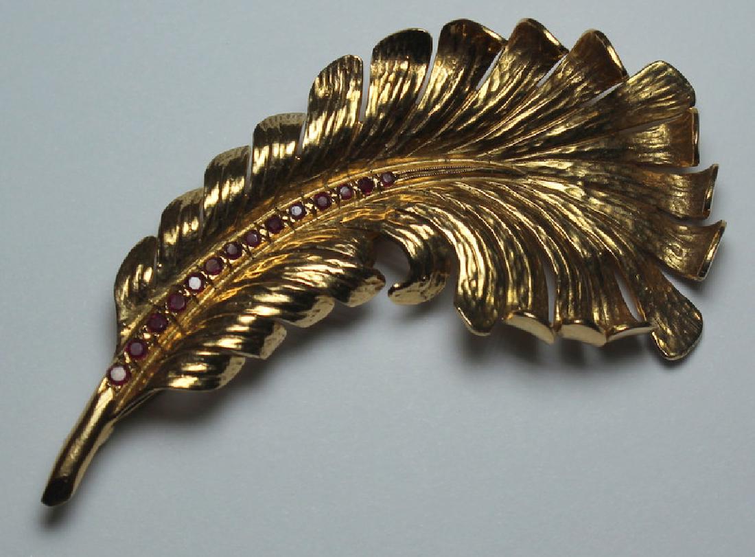 JEWELRY. Tiffany & Co. 14kt Gold and Ruby Plume (1 of 5)