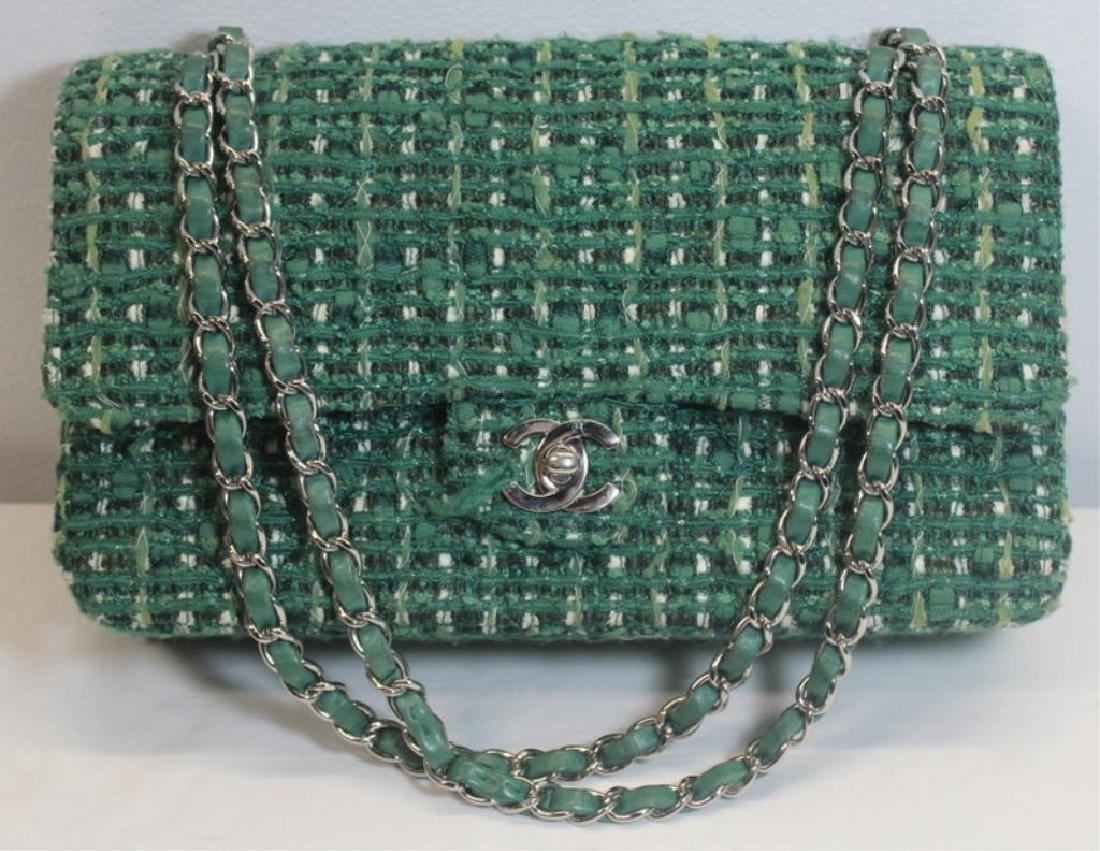 Chanel Green and White Tweed Double Flap Purse. (1 of 10)