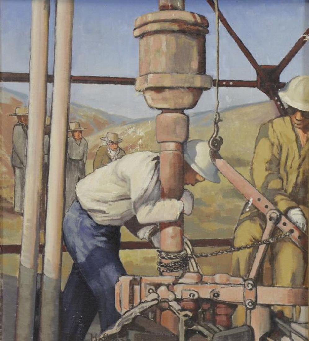 HOFFMAN, Polly. Oil on Canvas. Oil Rig Workers.: Signed lower right. Polly Johnston Hoffman (American, 1890 - 1949). From a New Canaan, CT home. - Dimensions: 18" high x 16" wide.