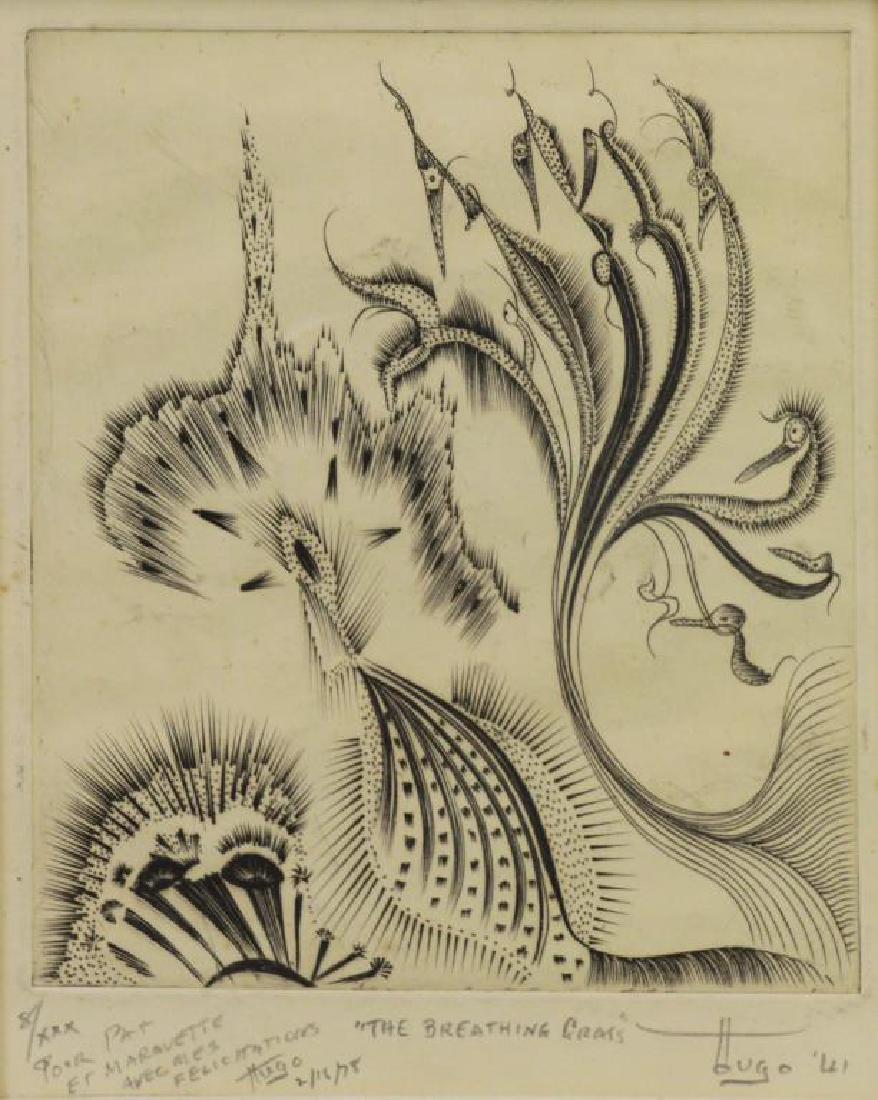GUILER, Hugh Parker. Engraving "The Breathing: Grass" 1941. Signed and dated lower right. Dedicated 'Pour Pat et Marquette avec mes felicitations - Hugo 2/16/75' lower left. Hugh Parker Guiler (American, 1898 - 1985), also known as Ian Hugo, a nam
