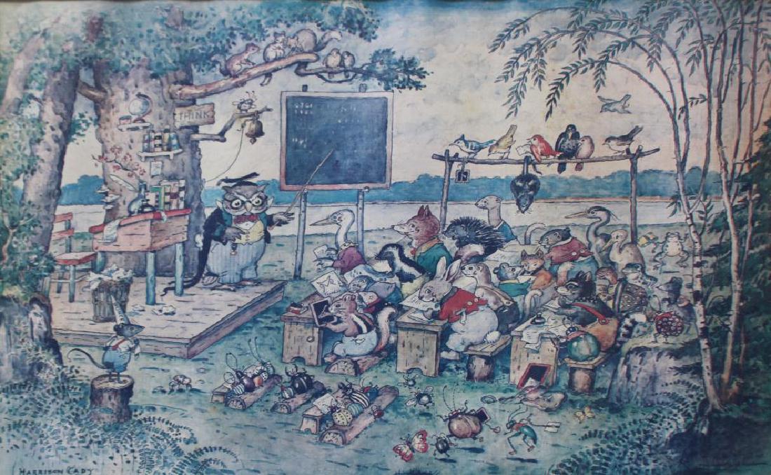 CADY, Harrison. Offset Lithograph. "The School in: the Wildwood. Signed in plate lower left. Titled in plate lower right. Dedicated on mat lower left. Signed and dated 61 on mat lower right. Dedicated further verso. Harrison Cady (American, 1877-1970)