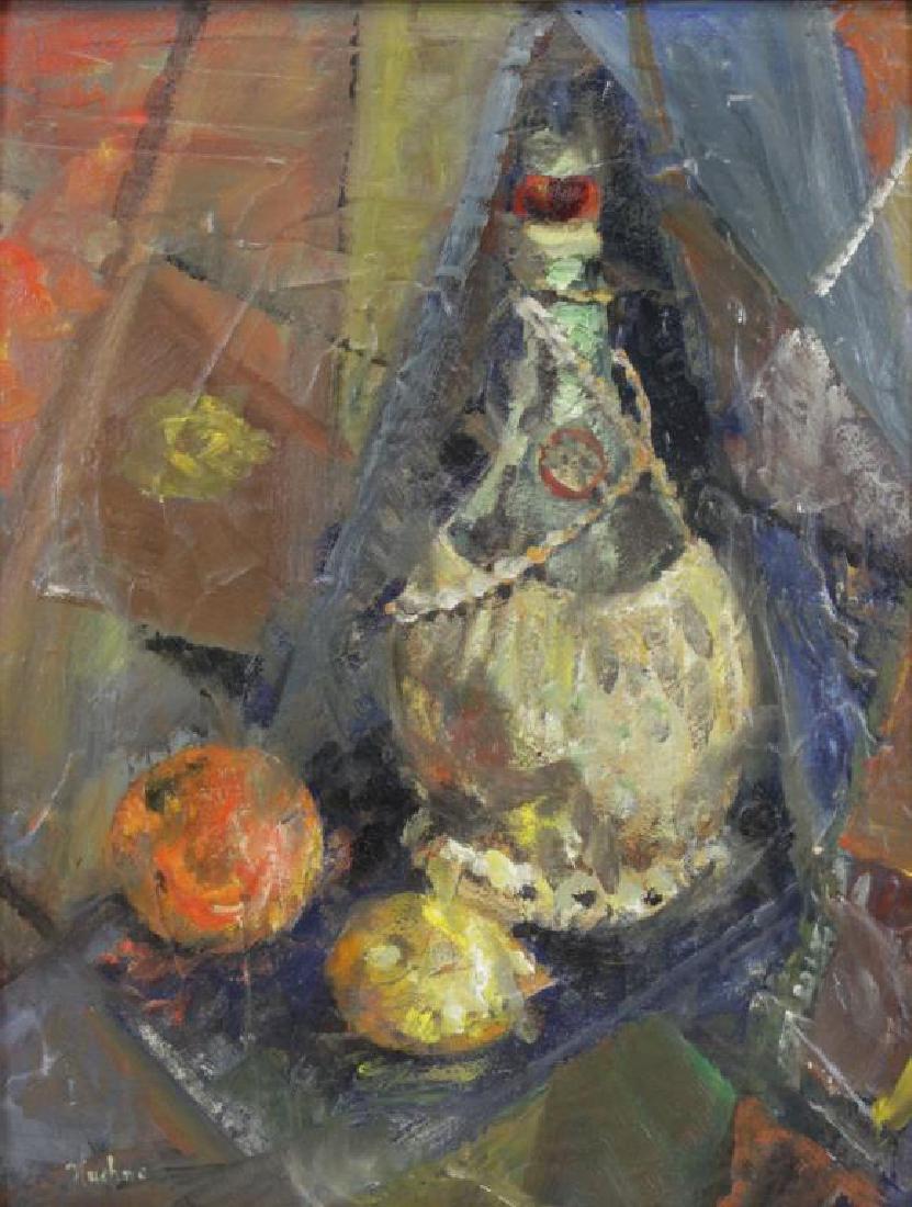 KUEHNE, Max. Oil on Board. Still Life with Wine: and Fruit. Signed lower left. Max Kuehne (German / American, 1880 - 1968). From a New York, NY home. - Dimensions: 18" high x 14" wide.