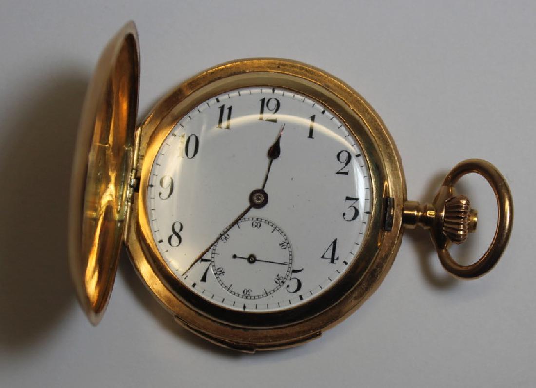 JEWELRY. Swiss 14kt Gold Minute Repeater Pocket: Watch. Swiss 14kt yellow gold minute repeater pocket watch with seconds dial. Interior of case stamped, "14k, 56, 0.585", domestic gold hallmark of a squirrel representing 14kt gold and letter "G" rep