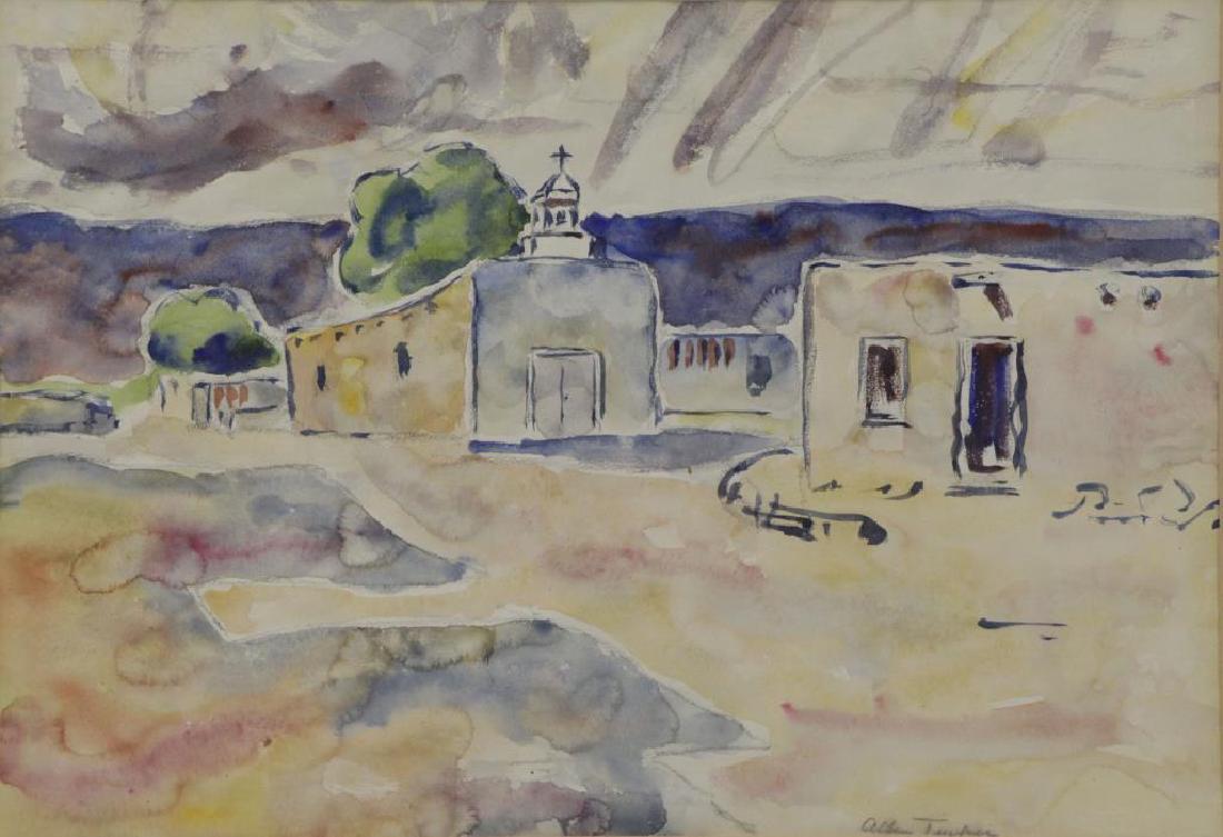 TUCKER, Allen. Watercolor. Southwestern Church.: Signed lower right. Allen Tucker (American, 1866-1939). From a Greenwich, CT corporate collection. - Dimensions: Sight - 13.25" high x 19" wide.