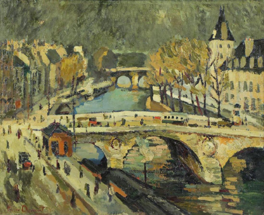 DUMONT, Pierre. Oil on Canvas. View of the Seine.: Signed lower left. Hammer Galleries, New York stamps on stretcher verso. Pierre Dumont (French, 1920 - 1987). - Dimensions: 19.75" high x 24" wide.
