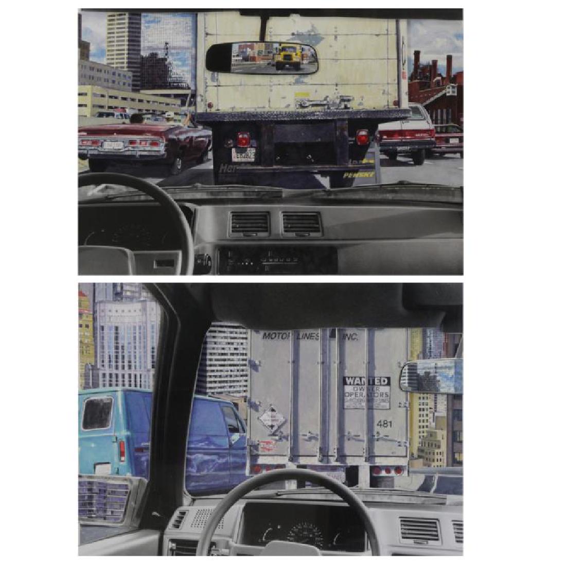 TURRE, Michele. Two Mixed Media Collages: Silverprint photograph and watercolor on paper mounted on foamcore. "Driving in Traffic" - signed at left, 14" high x 20" wide. "In the City" - signed at right, 13"