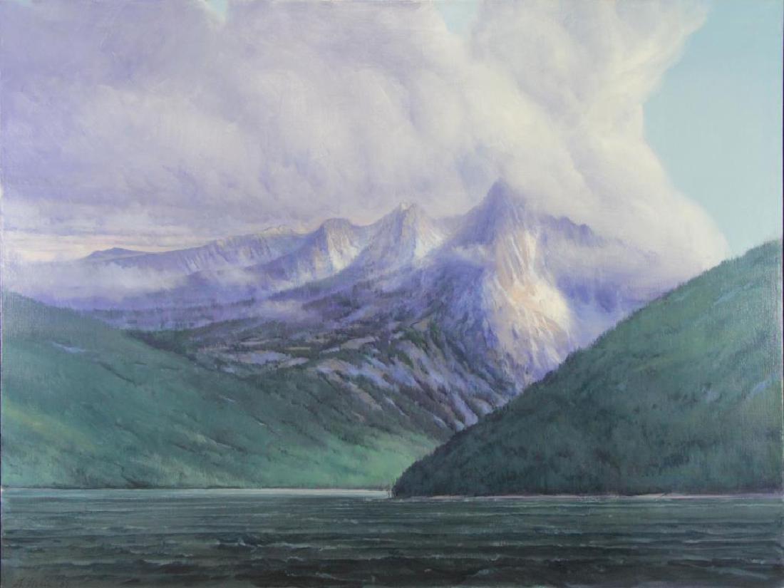 LECKIE, J Geoffrey. Oil on Canvas. "After a Storm,: Red Fish Lake" 1987. Signed lower left. J. Geoffrey Leckie (American, b. 1949). From a Greenwich, CT corporate collection. - Dimensions: 44" high x 58" wide.